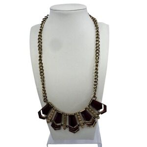 Gold‎ Tone Burgundy Geometric Bib Statement Necklace Art Deco Style Vintage Y2K